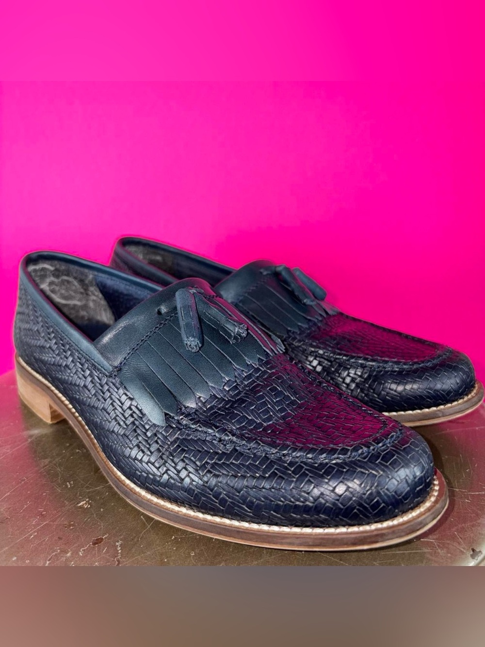 Annabella Navy Blue Woven Leather Tassel Loafer EU 37